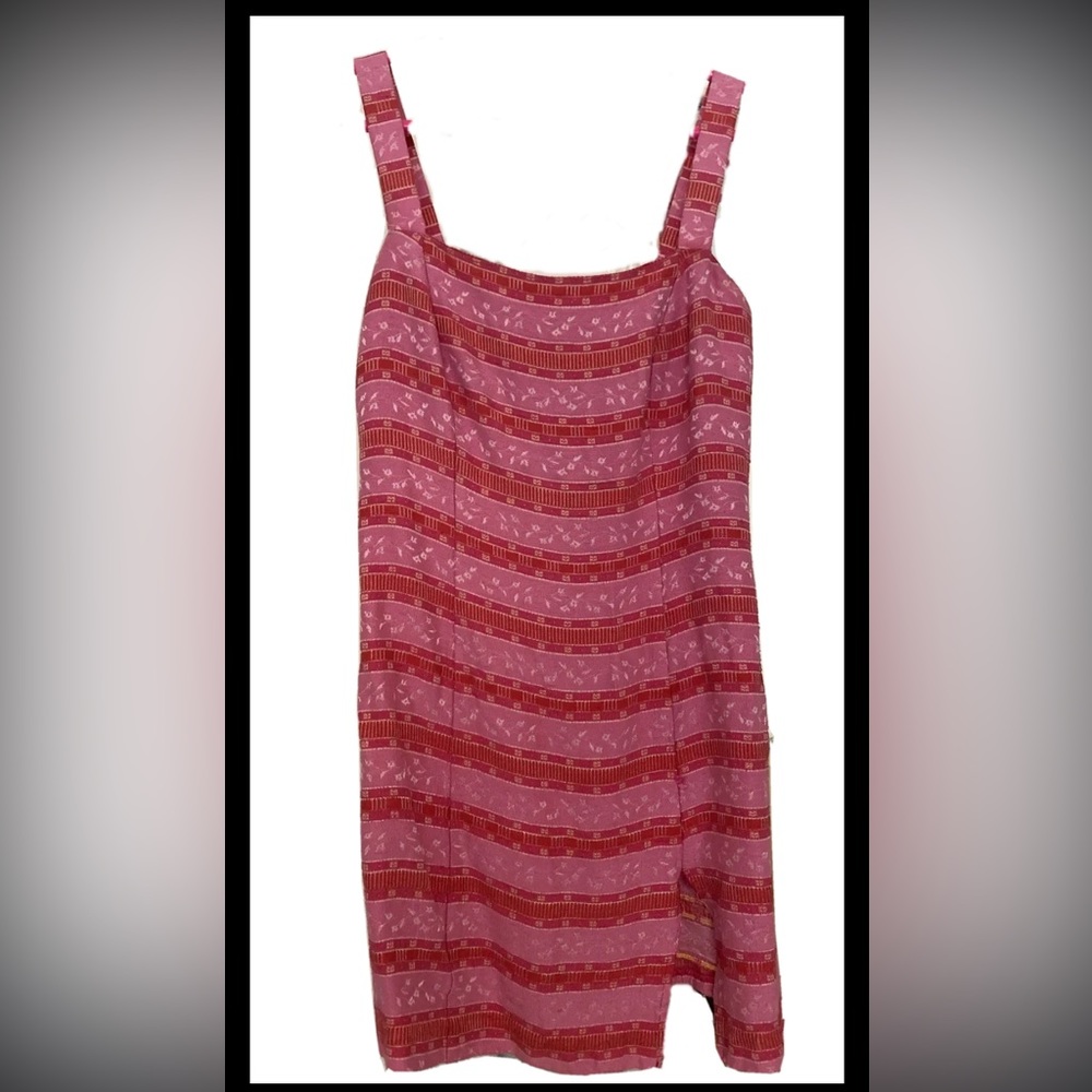 Pink striped and embroidered mini cocktail dress with slit